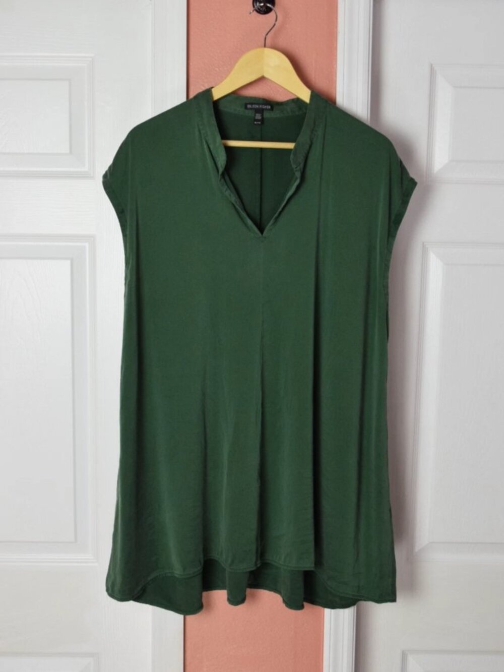 EILEEN FISHER DARK GREEN STRETCH SILK CHARMEUSE LOOSE TUNIC TOP